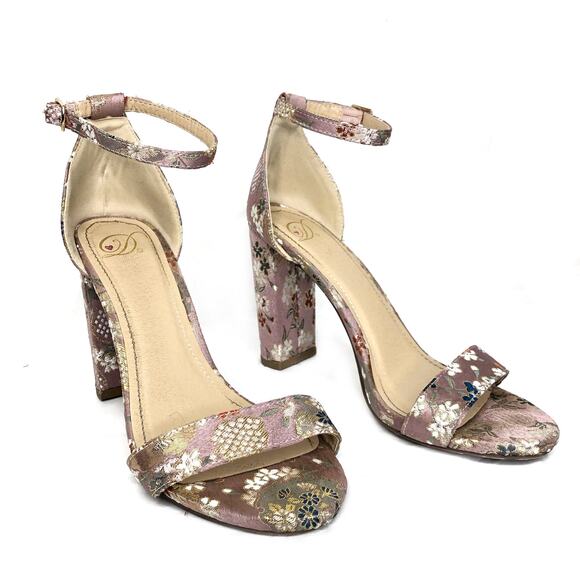 Delicious Jacquard Shiny Block Heel Ankle Strap Sandal Pink Floral 8 - Picture 1 of 11